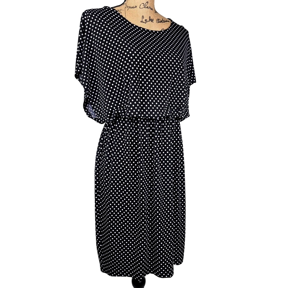 Enfocus Studio Black Polka Dot Cap Sleeve Elastic Waist Midi Dress -‎ Size 8